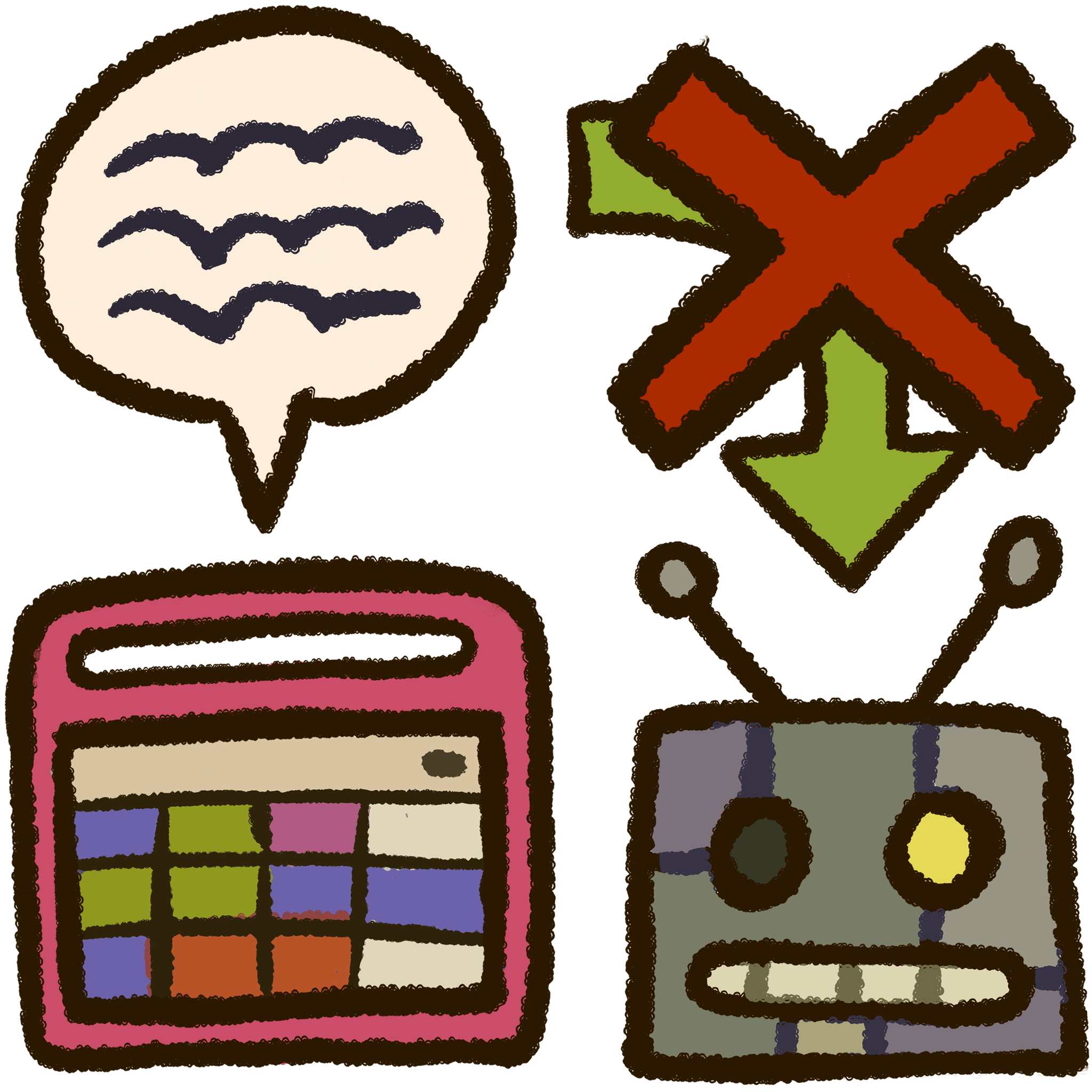 a drawing of an AAC tablet with a speech bubble above it. Next to the AAC tablet is a cartoony robot head. A green arrow with a red “X” through it goes from the speech bubble and points down at the robot.